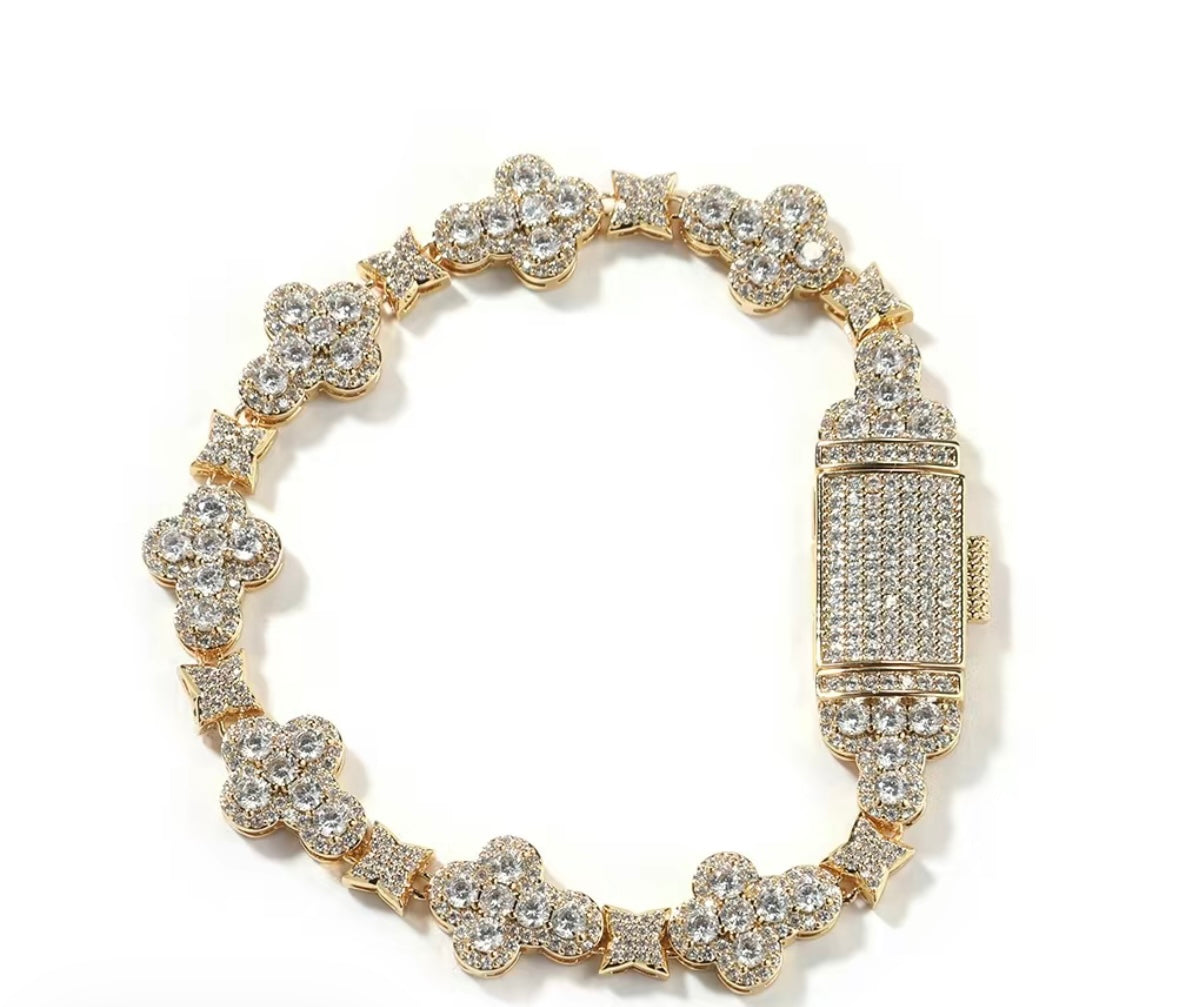 Real ICE Out Color VVS 18k Gold Cross Flowers zircon Hiphop Bracelet for Men & Women