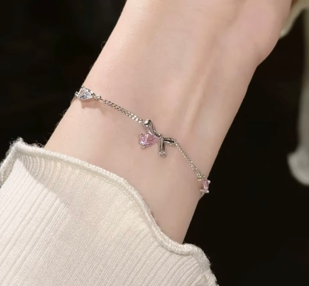 Shiny Pink Crystal Cherry Blossom Bracelets For Women Girls Sweet Moon Bow Flowers Zircon Bracelet Party Aesthetic Egirl Jewelry