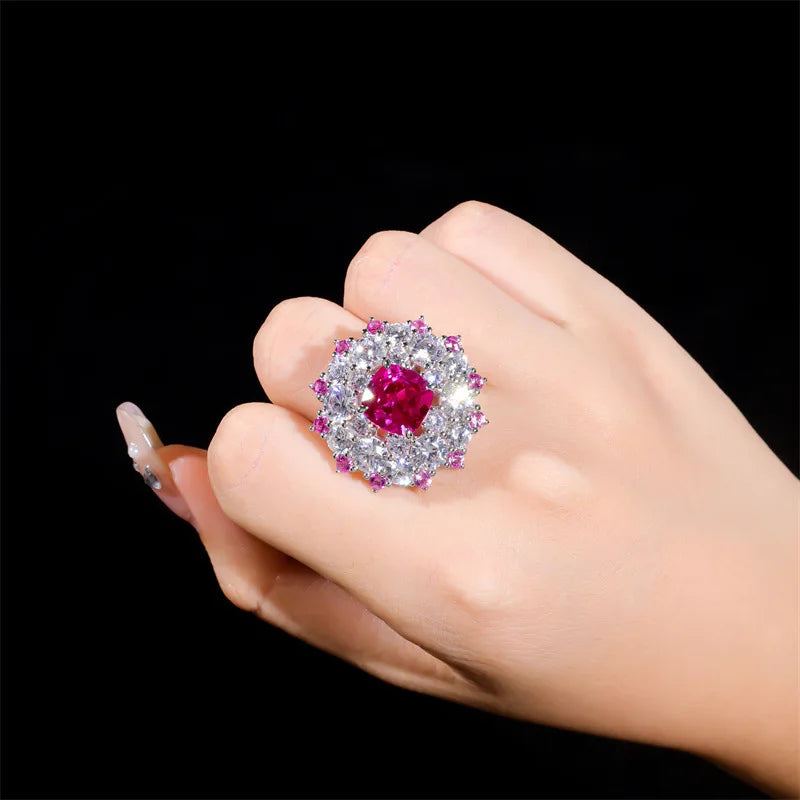Wholesale 925 Sterling Silver Inlaid with 9 * 9mm Cushion Cut Lab Grown Gemstone Sunflower Ring