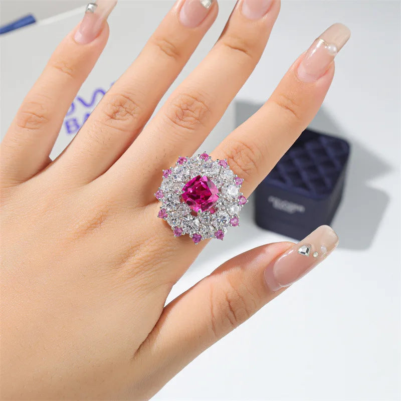 Wholesale 925 Sterling Silver Inlaid with 9 * 9mm Cushion Cut Lab Grown Gemstone Sunflower Ring