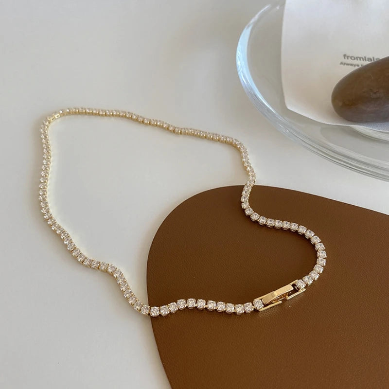 Iced Out Tennis Chain Necklaces Female Gold Color 18K Gold Plated Neck Chain