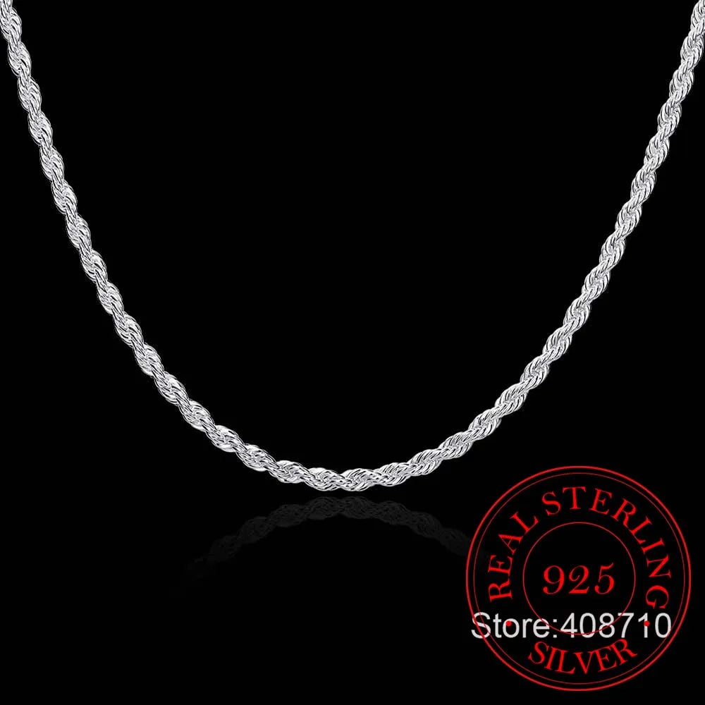 4mm Twisted Chain 925 Sterling Silver Necklace Pendant For Women Men Vintage Jewelry Hot Sale