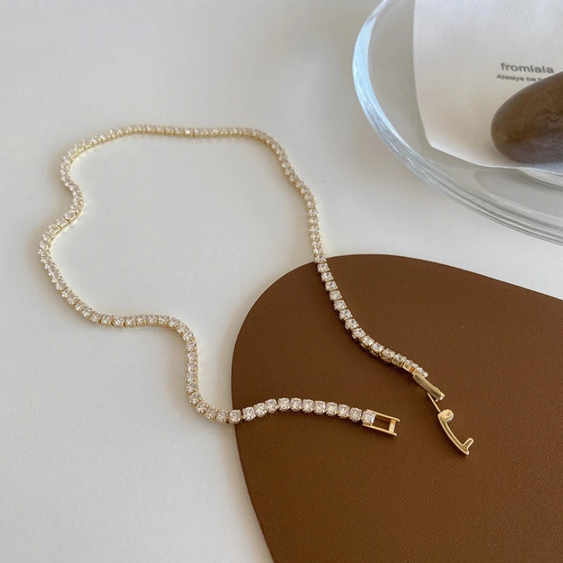Iced Out Tennis Chain Necklaces Female Gold Color 18K Gold Plated Neck Chain