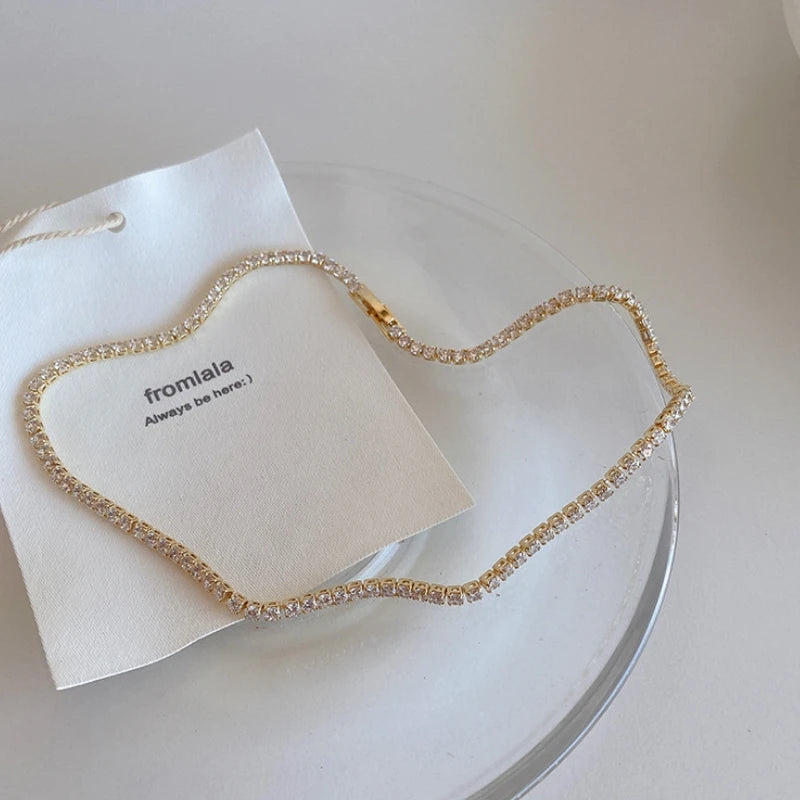 Iced Out Tennis Chain Necklaces Female Gold Color 18K Gold Plated Neck Chain