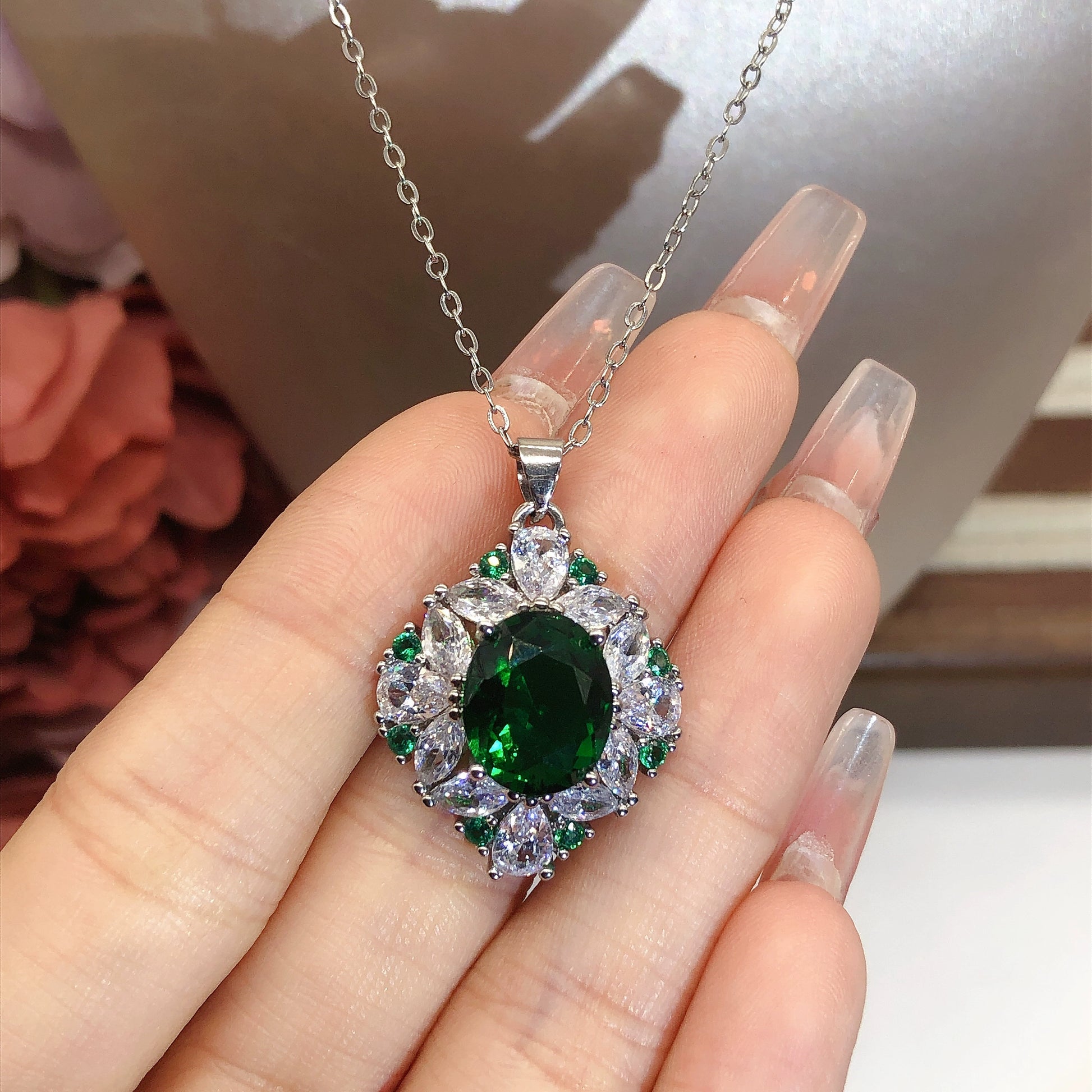 Youngever New Arrival Imitation Emerald Color Treasure Ring Retro Luxury Full Rhinestone Zircon Pendant Egg Surface Stud Earrings