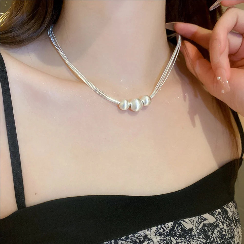 Shimmering Brushed Round Bead Multi-layer Necklace Fashionable Elegant Collarbone Chain New Neck Chain Stylish Jewelry