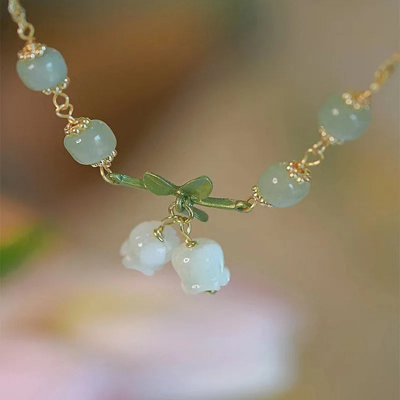 Sweet Vintage Pearl Lily Tulip Flower Bracelet for Women Fashion Cute Tassel Peach Pendant Bracelets Aesthetic Jewelry