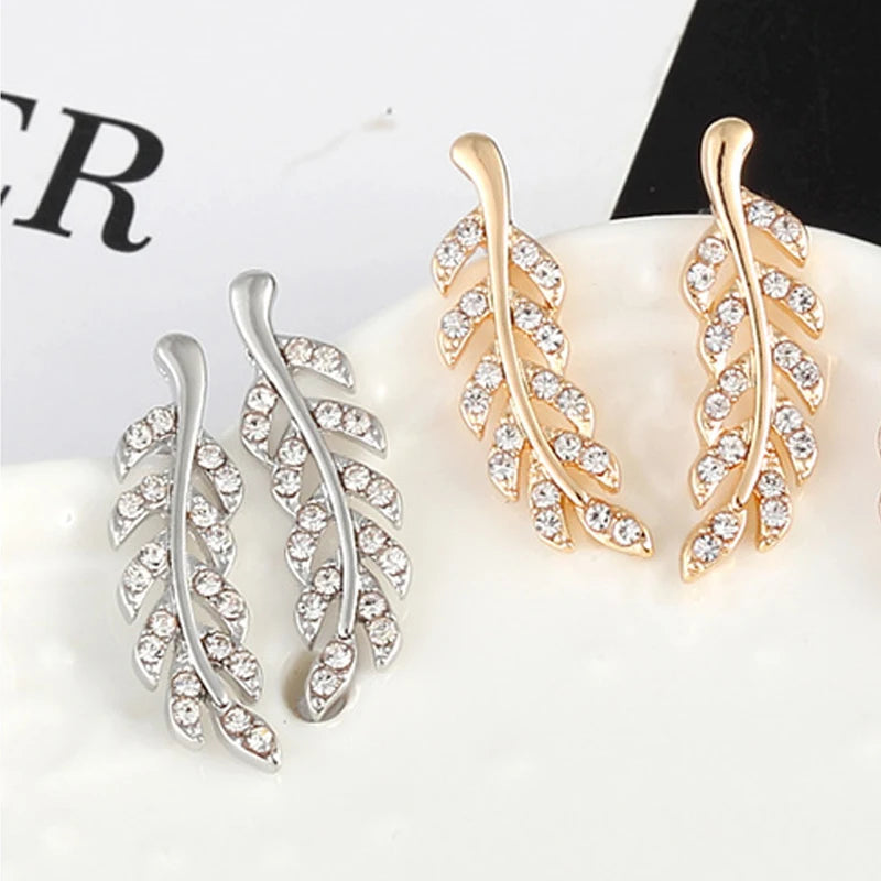 Hollow Out Leaves Earrings for Women Trendy Vintage Crystal Ear Stud Wheat Unique Design Silver Golden Color Girl Jewelry