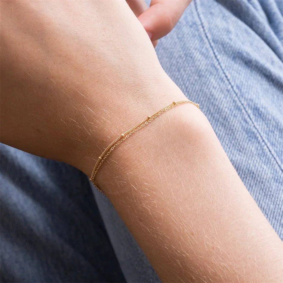 Bracelets on hand Simple Beads Ball Chain Multi-Layered Bracelet Jewelry Thin Link chain Women Stainless Steel Chain Jewelry2pcs