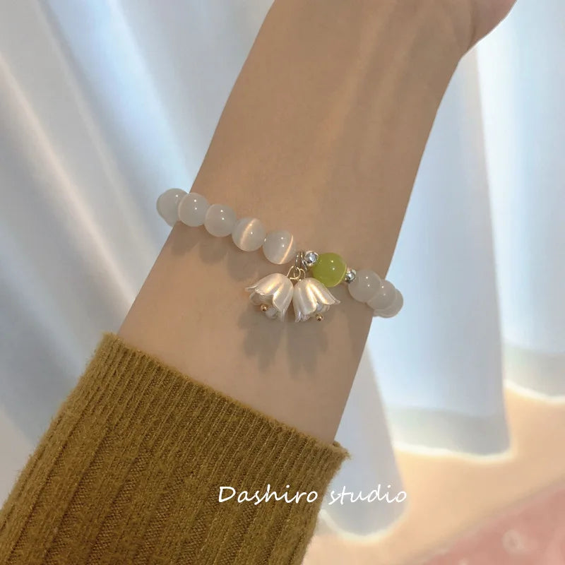 Sweet Vintage Pearl Lily Tulip Flower Bracelet for Women Fashion Cute Tassel Peach Pendant Bracelets Aesthetic Jewelry