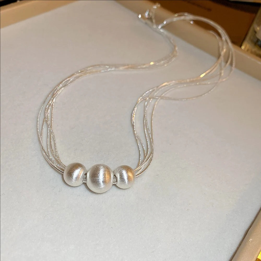 Shimmering Brushed Round Bead Multi-layer Necklace Fashionable Elegant Collarbone Chain New Neck Chain Stylish Jewelry