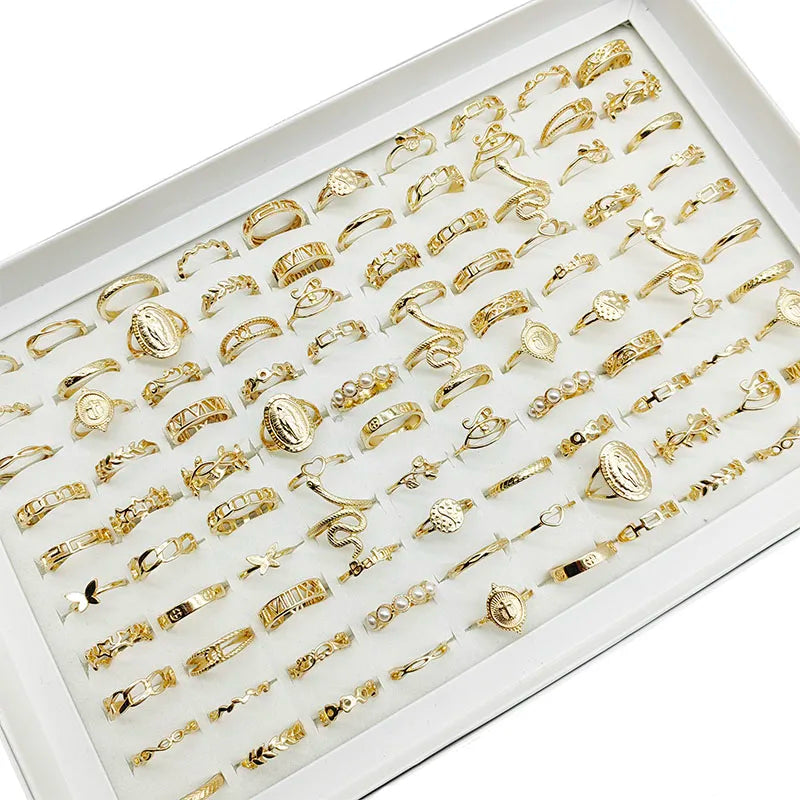 30pc/Lot Gold Color Finger Rings For Girls New Love Snake Animal Butterfly Cutout Star Pearl