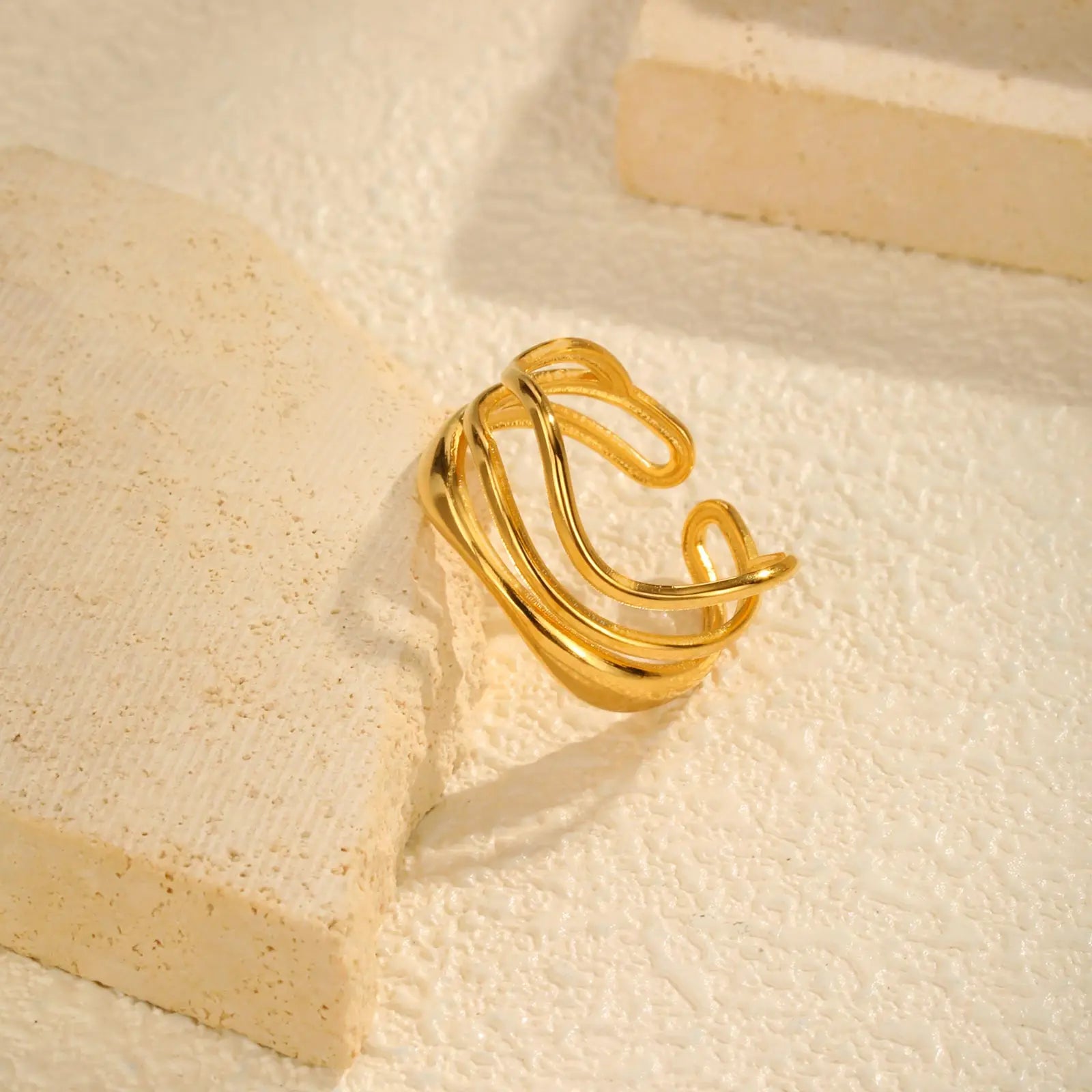 Irregular Hollow Opening Ring for Women,Gold Color Twist Geometric Lines Stainless Steel Rings
