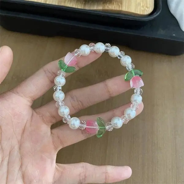 Sweet Vintage Pearl Lily Tulip Flower Bracelet for Women Fashion Cute Tassel Peach Pendant Bracelets Aesthetic Jewelry