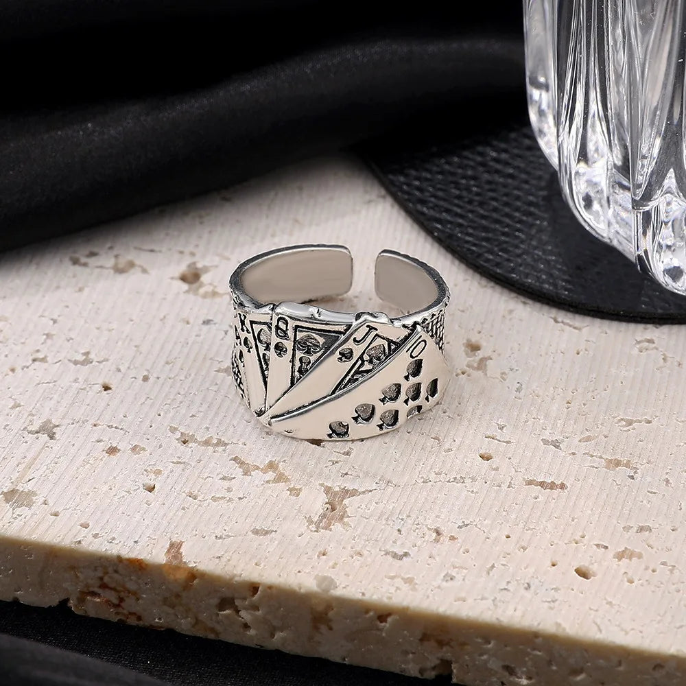Punk Retro Metal Playing Card Ring Personality Hip Hop Rock Open Ring for Men Women Gothic Finger Jewellery