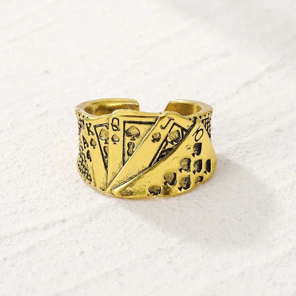 Punk Retro Metal Playing Card Ring Personality Hip Hop Rock Open Ring for Men Women Gothic Finger Jewellery
