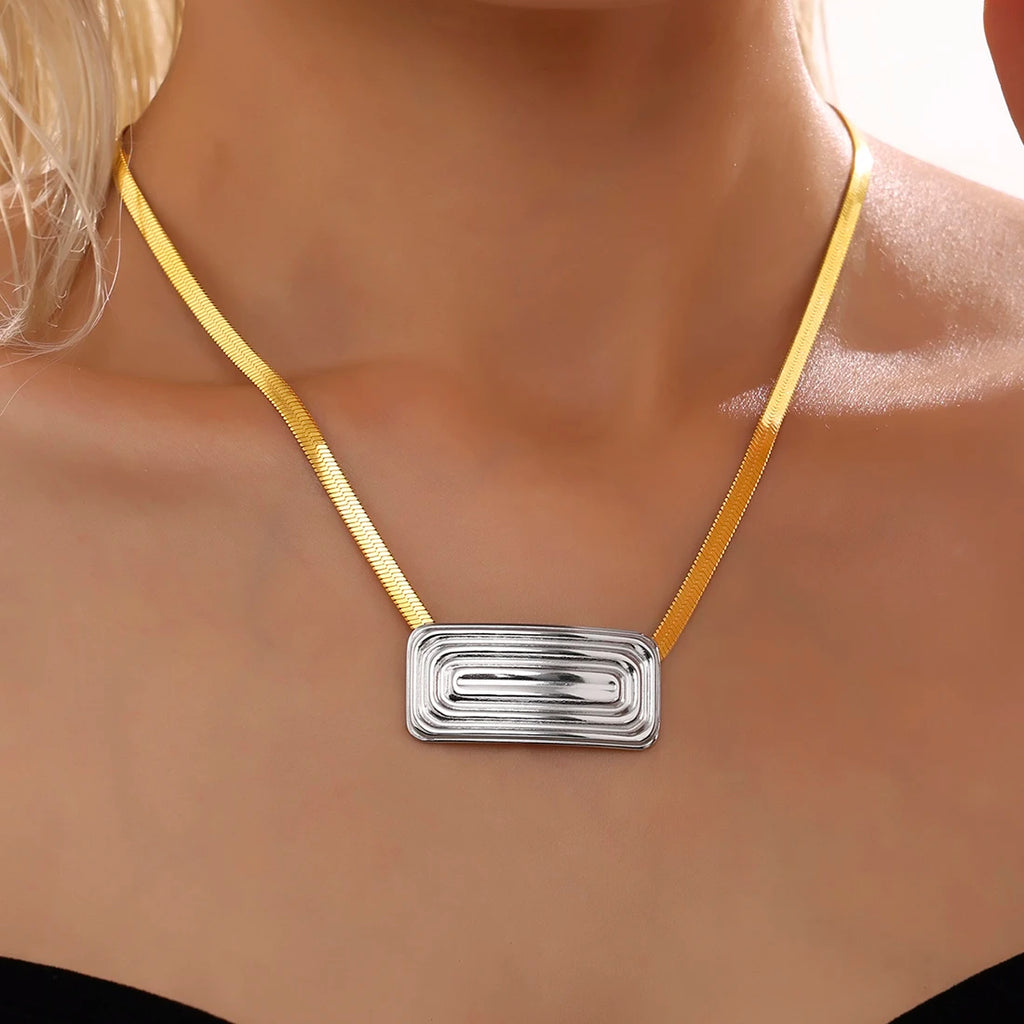 Chic Shiny Necklace For Women Gold Plated Square Pendant Luxury Waterproof Elegant Snake Chain