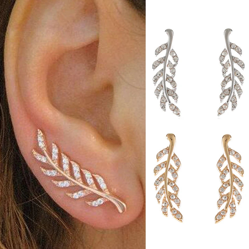 Hollow Out Leaves Earrings for Women Trendy Vintage Crystal Ear Stud Wheat Unique Design Silver Golden Color Girl Jewelry