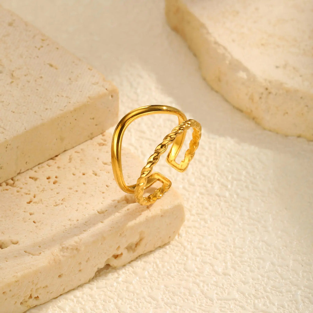 Irregular Hollow Opening Ring for Women,Gold Color Twist Geometric Lines Stainless Steel Rings