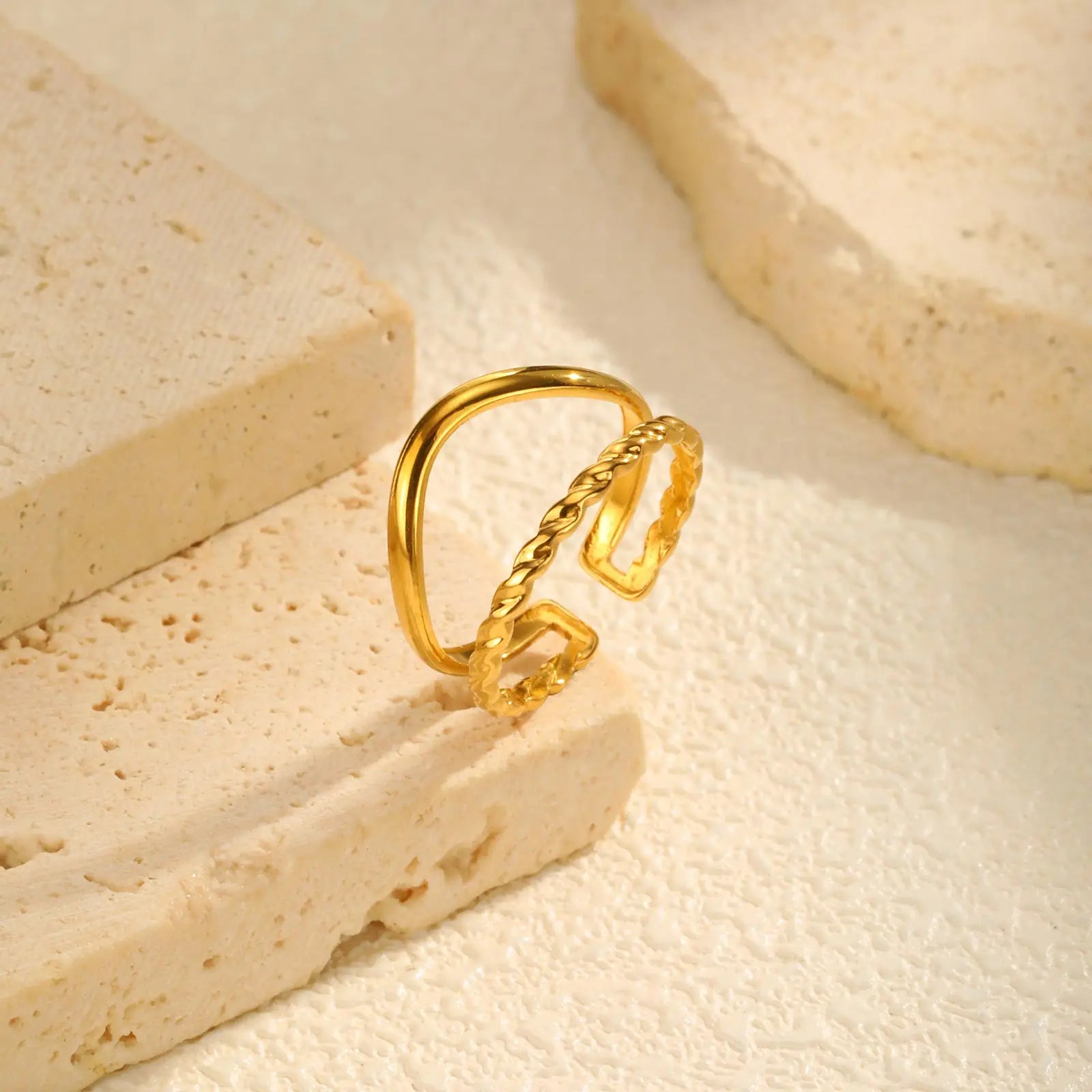 Irregular Hollow Opening Ring for Women,Gold Color Twist Geometric Lines Stainless Steel Rings