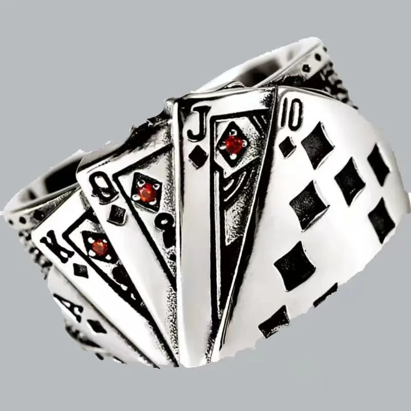 Punk Retro Metal Playing Card Ring Personality Hip Hop Rock Open Ring for Men Women Gothic Finger Jewellery