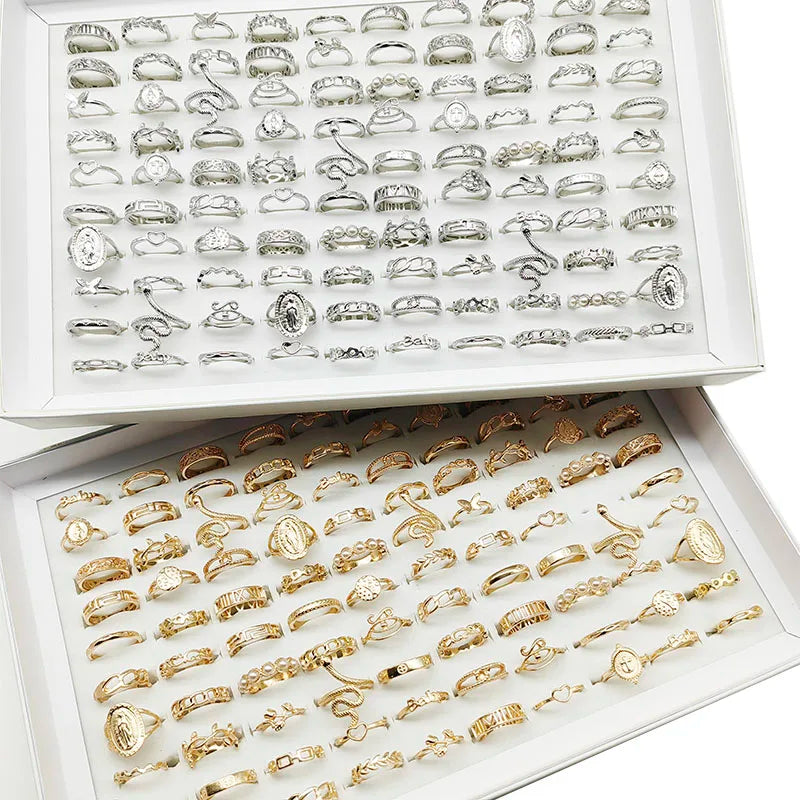 30pc/Lot Gold Color Finger Rings For Girls New Love Snake Animal Butterfly Cutout Star Pearl
