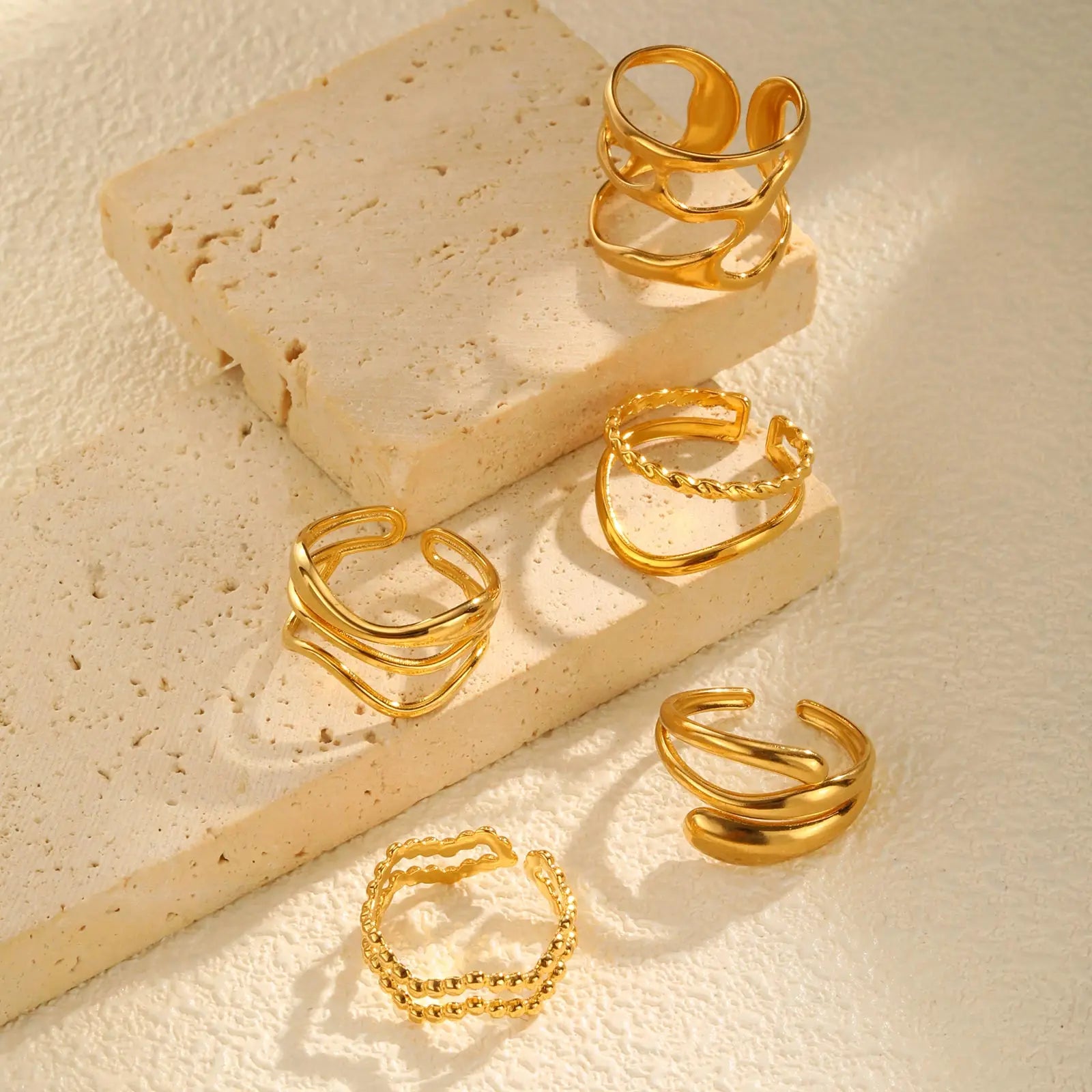 Irregular Hollow Opening Ring for Women,Gold Color Twist Geometric Lines Stainless Steel Rings