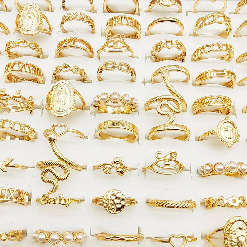 30pc/Lot Gold Color Finger Rings For Girls New Love Snake Animal Butterfly Cutout Star Pearl
