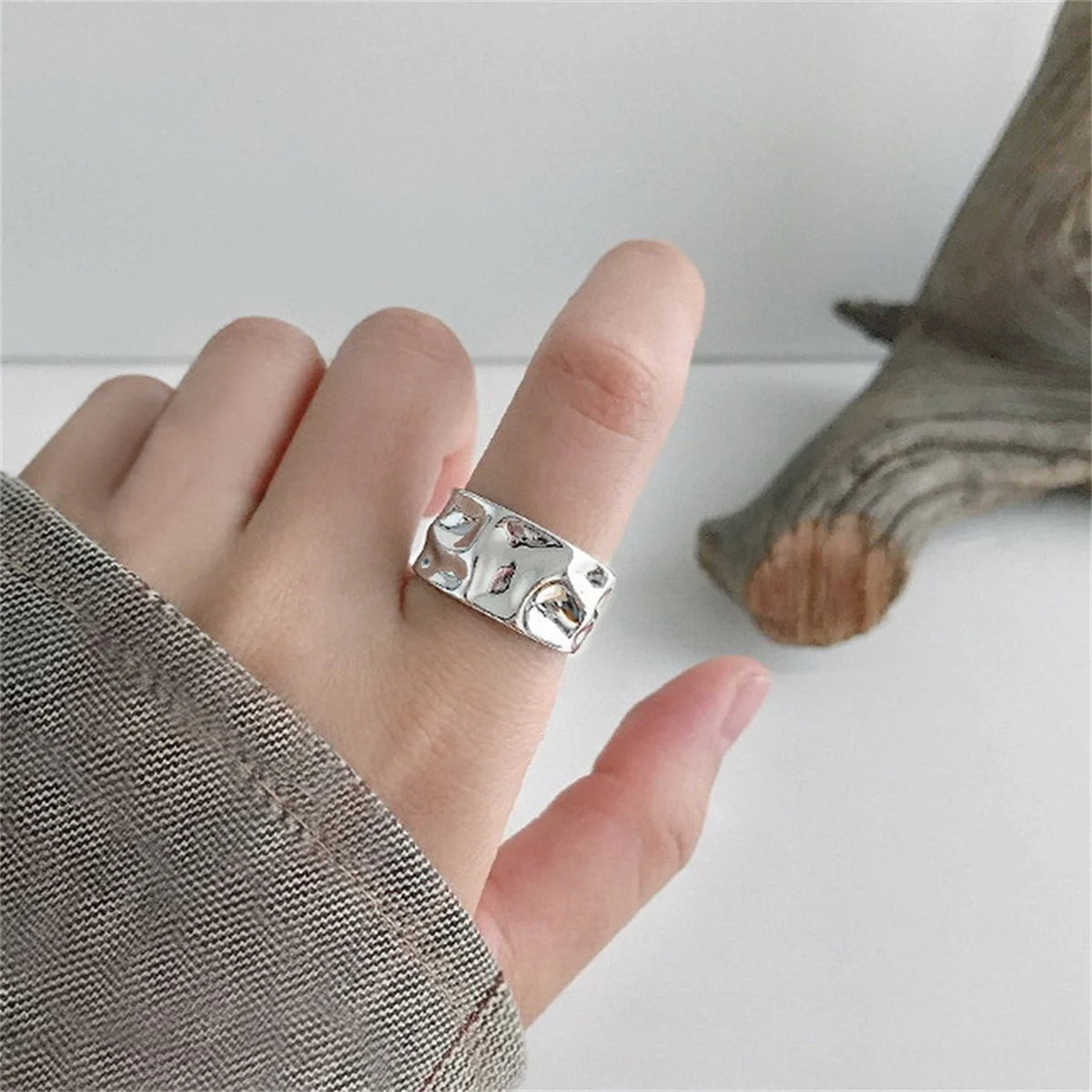 Concave-Convex Irregular Surface Wide Rings Men Women Vintage Jewelry Simple Retro Silver Color Metal Geometric