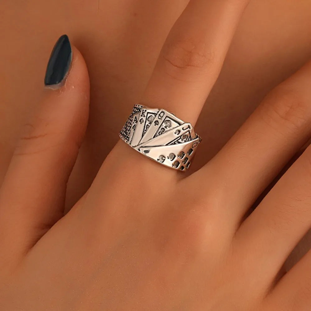 Punk Retro Metal Playing Card Ring Personality Hip Hop Rock Open Ring for Men Women Gothic Finger Jewellery