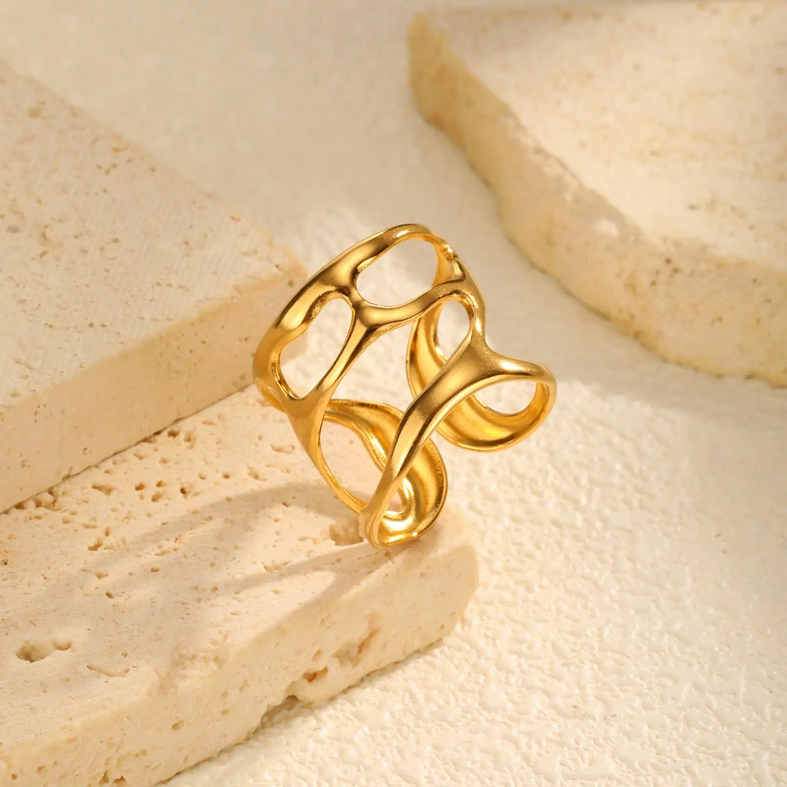 Irregular Hollow Opening Ring for Women,Gold Color Twist Geometric Lines Stainless Steel Rings