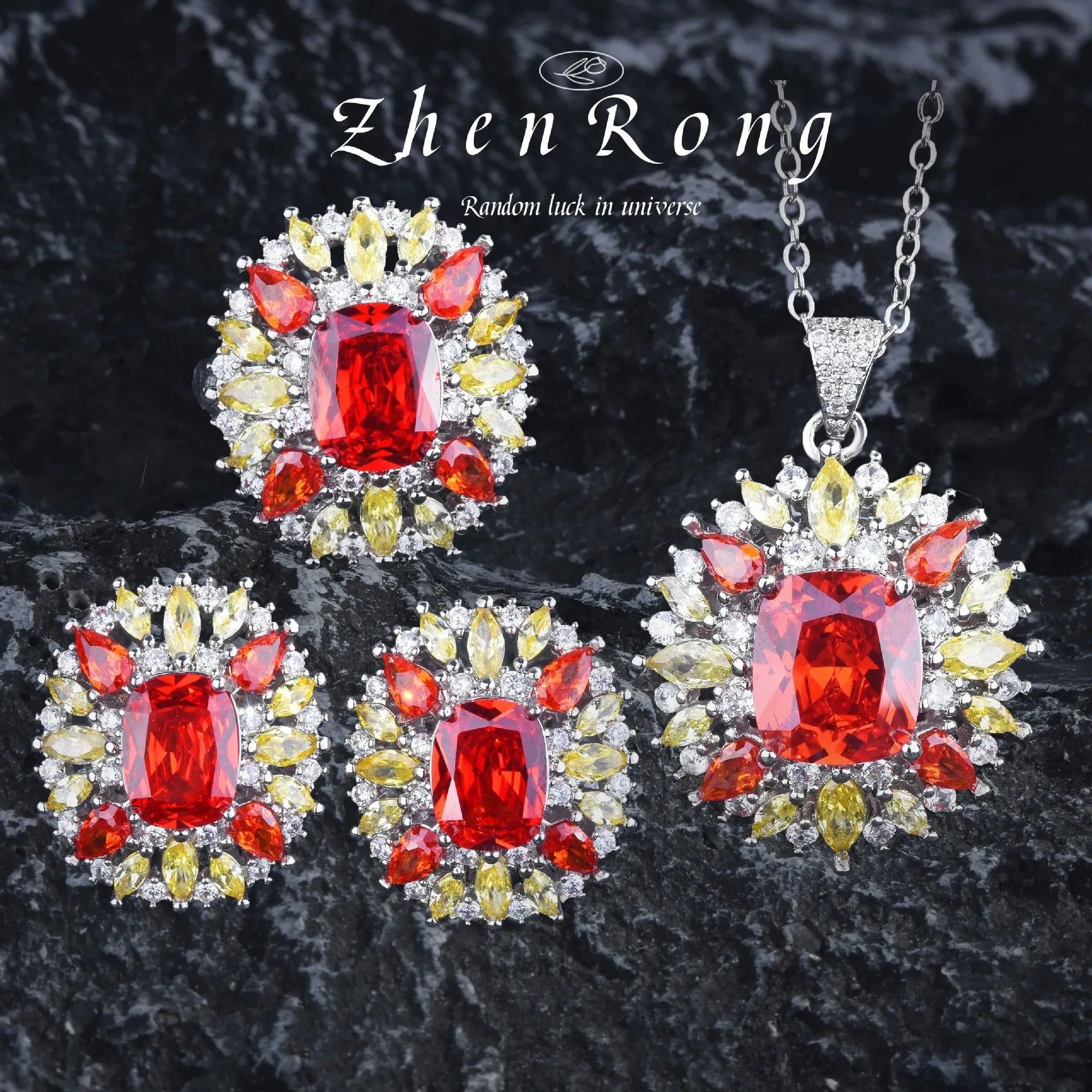 Secret Garden Series Jewelry Luxury Fanta Orange Stone Pendant Necklaces Earrings Rings Banquet Party Jewelry Sets For Women