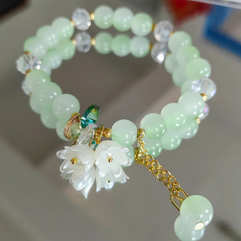 Sweet Vintage Pearl Lily Tulip Flower Bracelet for Women Fashion Cute Tassel Peach Pendant Bracelets Aesthetic Jewelry