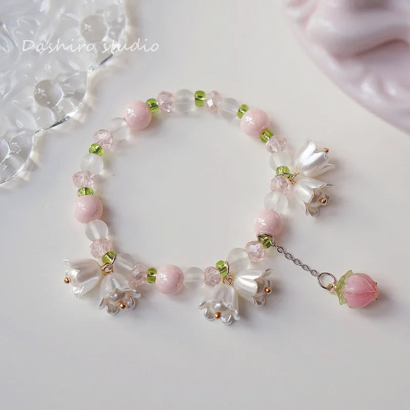 Sweet Vintage Pearl Lily Tulip Flower Bracelet for Women Fashion Cute Tassel Peach Pendant Bracelets Aesthetic Jewelry