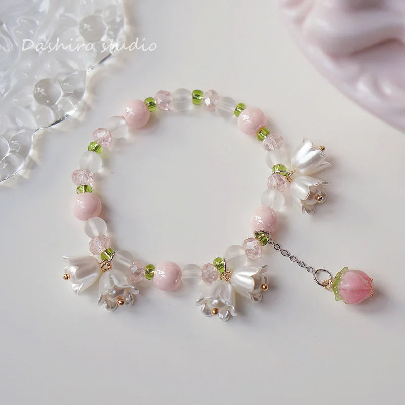 Sweet Vintage Pearl Lily Tulip Flower Bracelet for Women Fashion Cute Tassel Peach Pendant Bracelets Aesthetic Jewelry
