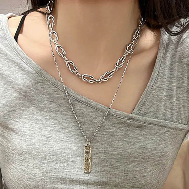 Minimalist Vintage Handmade Thick Chain Necklace Jewelry for Women Fashion Creative Knotted Twist Geometric Party Accessories