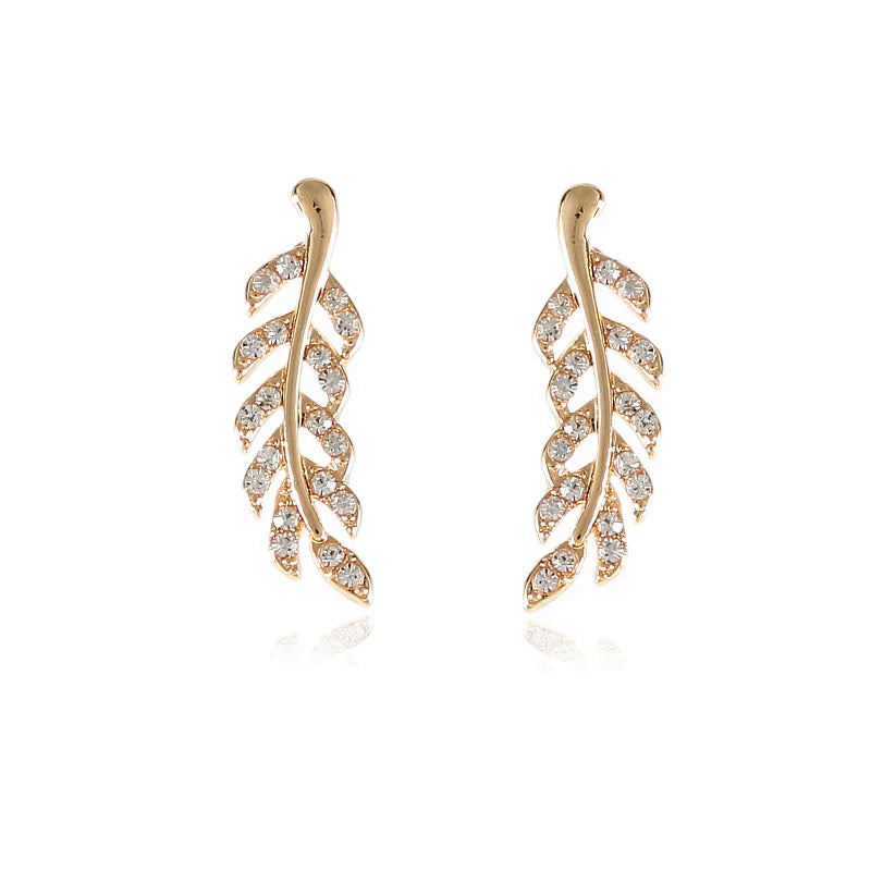 Hollow Out Leaves Earrings for Women Trendy Vintage Crystal Ear Stud Wheat Unique Design Silver Golden Color Girl Jewelry