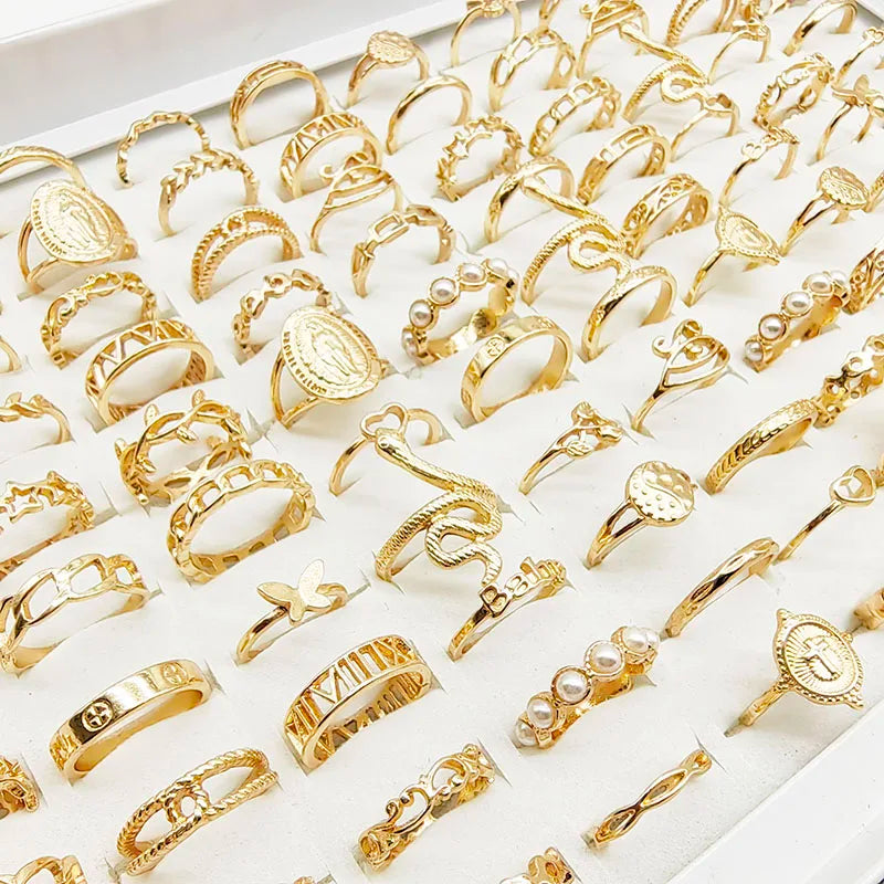 30pc/Lot Gold Color Finger Rings For Girls New Love Snake Animal Butterfly Cutout Star Pearl