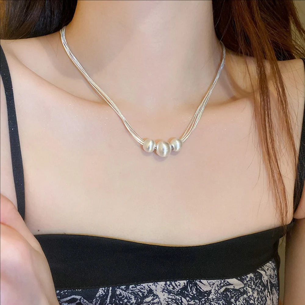 Shimmering Brushed Round Bead Multi-layer Necklace Fashionable Elegant Collarbone Chain New Neck Chain Stylish Jewelry