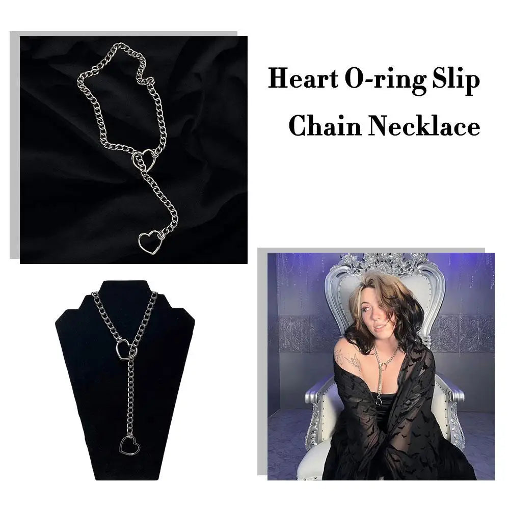 Heart Slip Chain Necklace For Women Girls Trendy Gothic Rock Cuban Necklace Slip Chain Choker Adjustable Long Y-Necklace