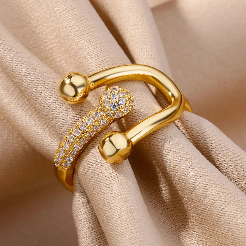 Gold Plated Stainless Steel Crystal Rings For Women Chain Geometry Zircon Finger Ring Jewelry Gift anillos mujer 2025 New Trendy