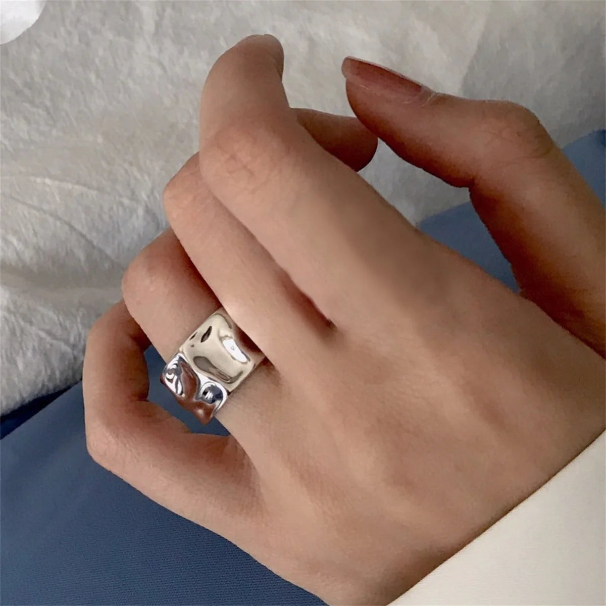 Concave-Convex Irregular Surface Wide Rings Men Women Vintage Jewelry Simple Retro Silver Color Metal Geometric