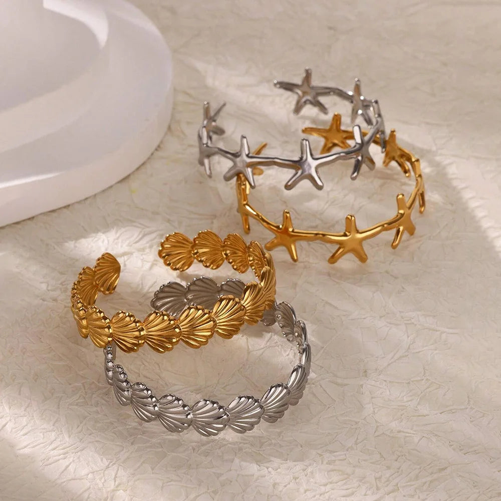 316L Stainless Steel Shell Starfish Bangles for Women Fashion Gold Silver Color Cuff Bangle Bracelet Femme Aesthetic Jewelry