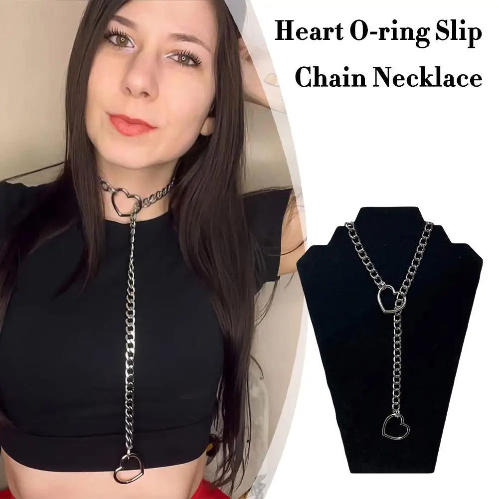 Heart Slip Chain Necklace For Women Girls Trendy Gothic Rock Cuban Necklace Slip Chain Choker Adjustable Long Y-Necklace
