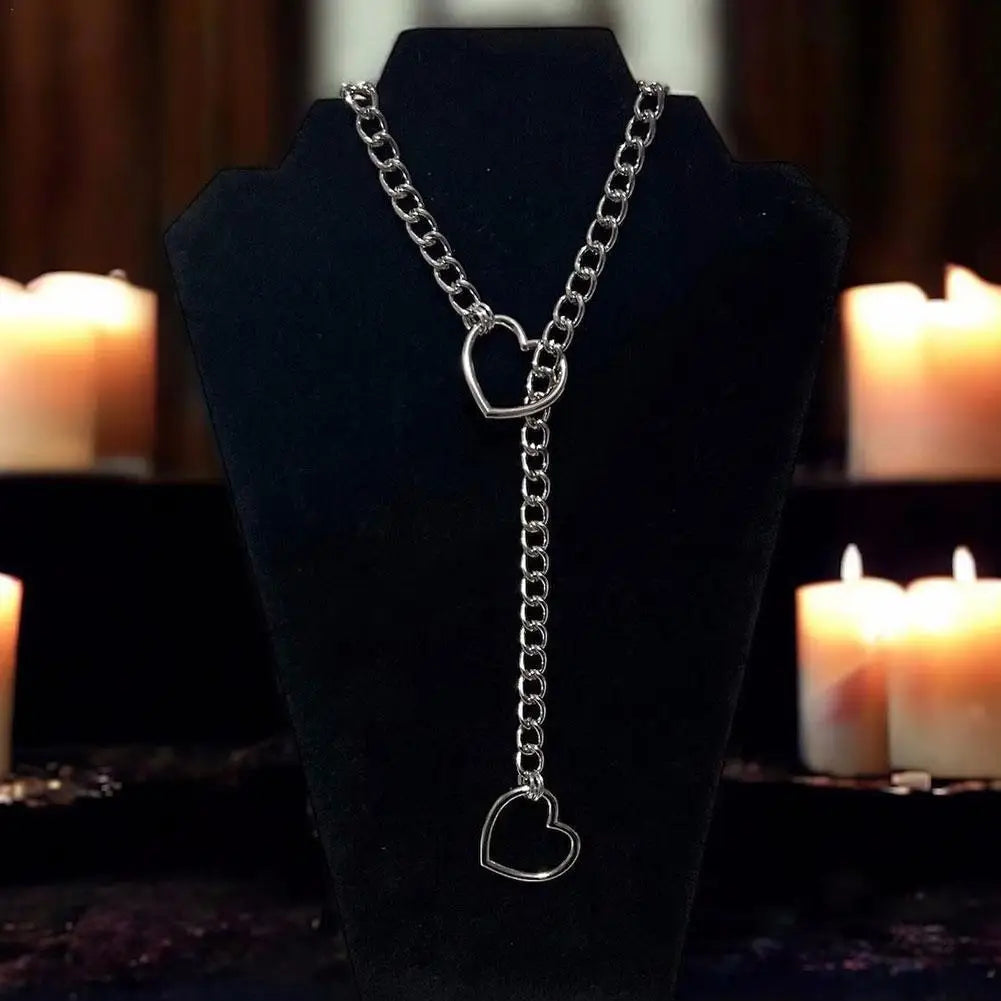 Heart Slip Chain Necklace For Women Girls Trendy Gothic Rock Cuban Necklace Slip Chain Choker Adjustable Long Y-Necklace
