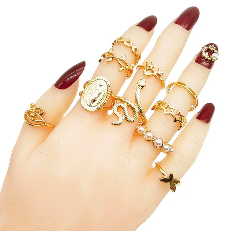 30pc/Lot Gold Color Finger Rings For Girls New Love Snake Animal Butterfly Cutout Star Pearl