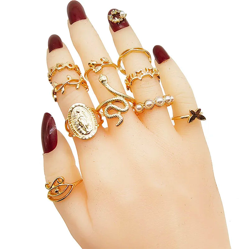30pc/Lot Gold Color Finger Rings For Girls New Love Snake Animal Butterfly Cutout Star Pearl