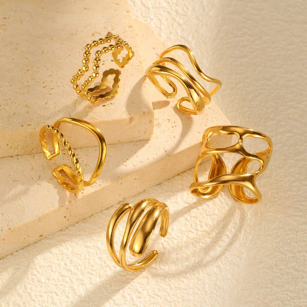 Irregular Hollow Opening Ring for Women,Gold Color Twist Geometric Lines Stainless Steel Rings