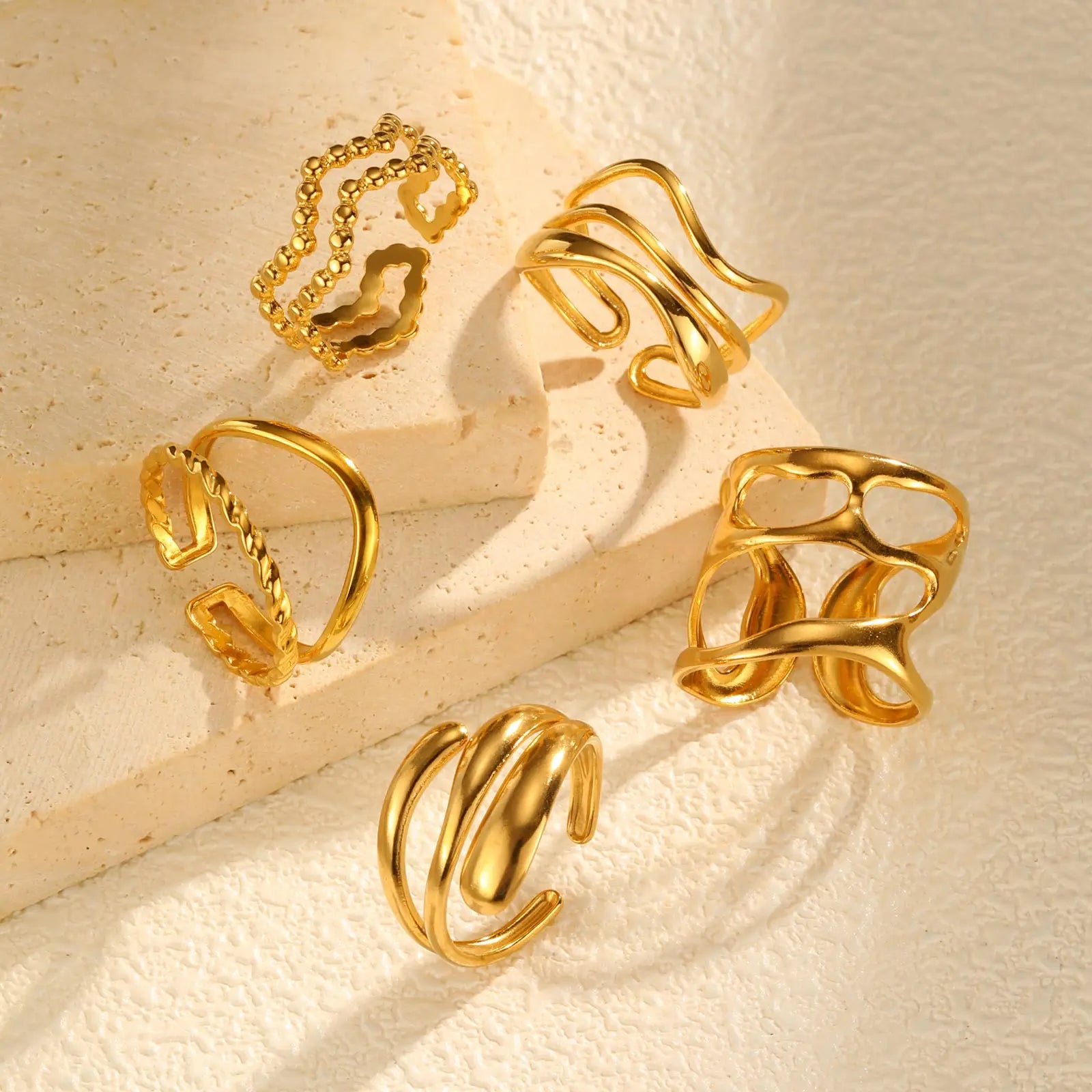Irregular Hollow Opening Ring for Women,Gold Color Twist Geometric Lines Stainless Steel Rings