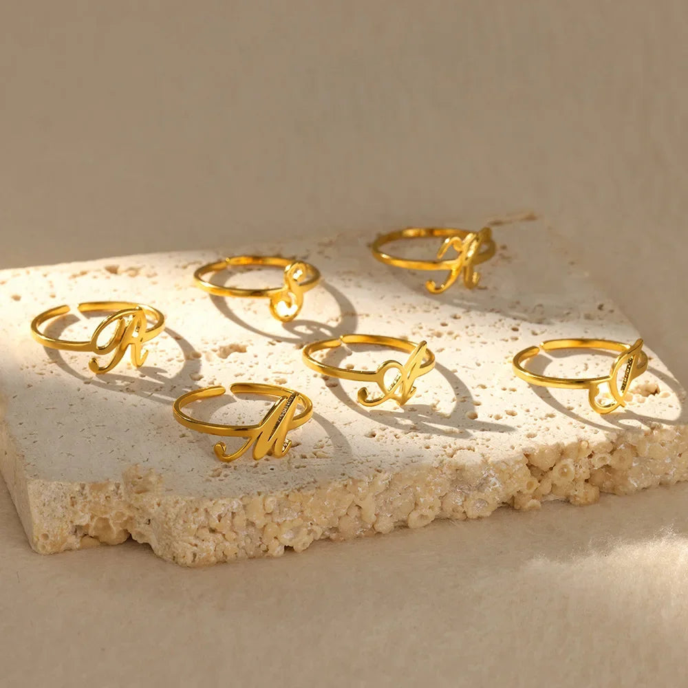 Ring with women's letters adjustable ring with golden stainless steel letters